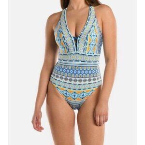 La Blanca Sz 4 Swimsuit Reversible One Piece Blue Mosaic UPF 50+ Boho Retro